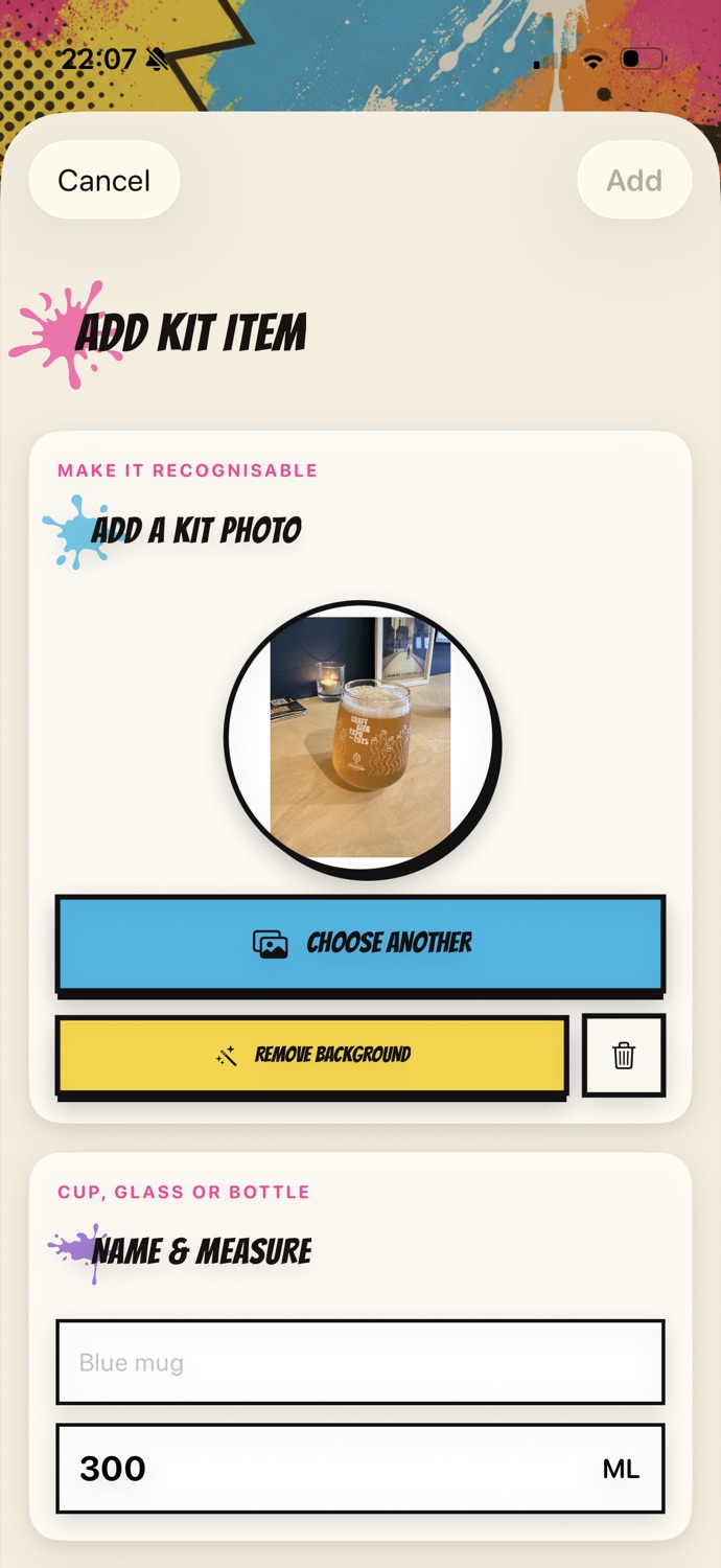 Kit editor with a photographed glass, background removal and capacity controls
