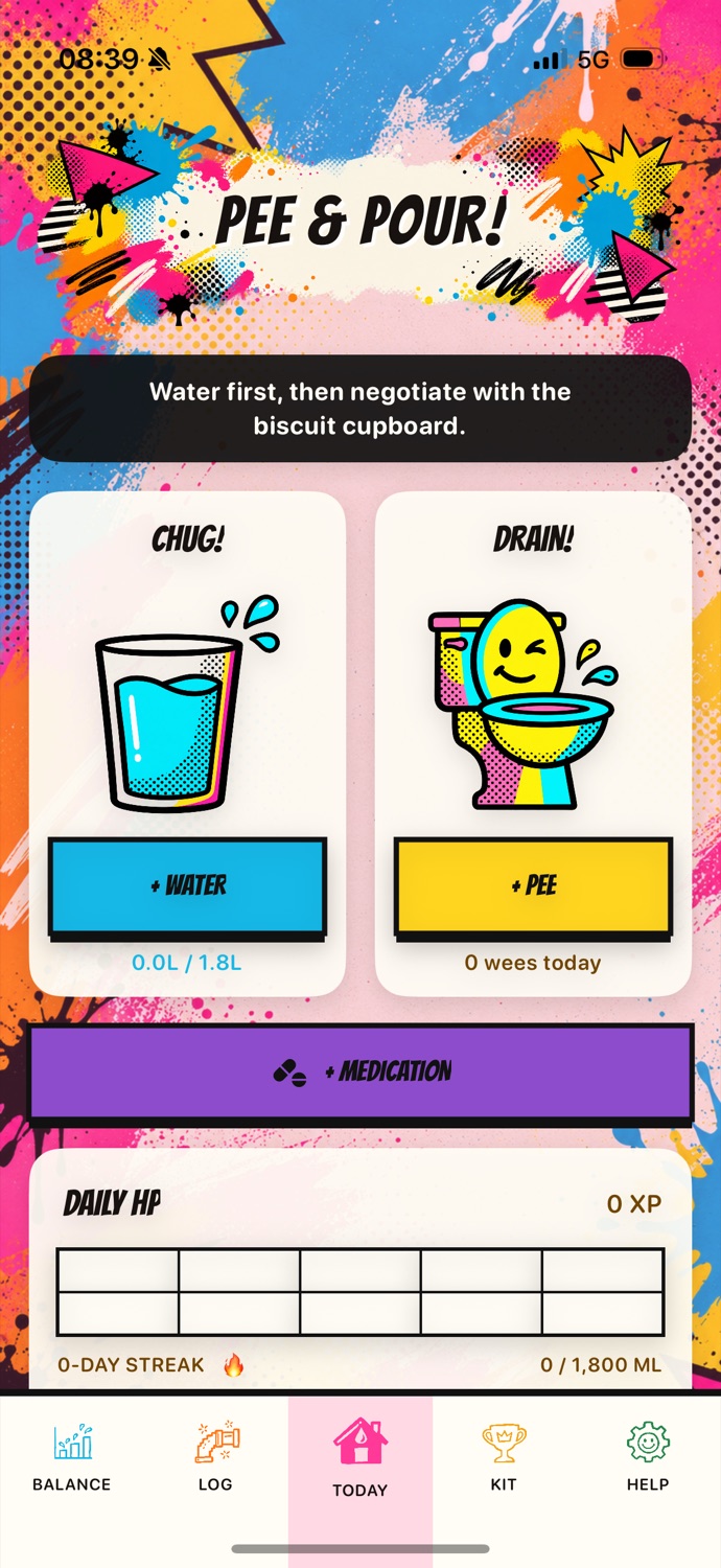 Pee and Pour Today screen with Drink and Wee quick actions